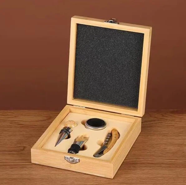 Manufacturer 4PCS Premium Wine Gift Set, Unique Wine Bottle Opener Corkscrew Bamboo Business Gift Sets For Wine Accessories